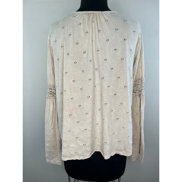 Eri + Ali  Top Beige Pointelle Knit Crochet V-Neck Long Bell Sleeve Boho Top XS - Picture 6 of 10